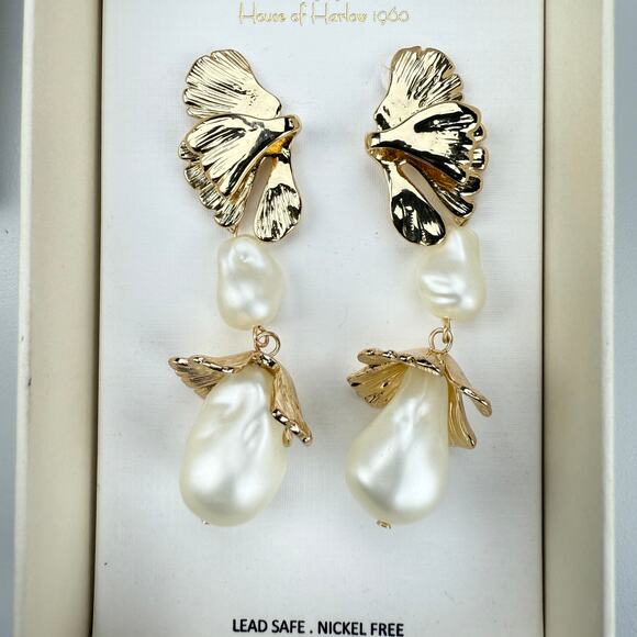 NWT HOUSE OF HARLOW 1960 Gold Tone Leaf Faux Pearl Dangle Drop Earrings - Picture 7 of 8